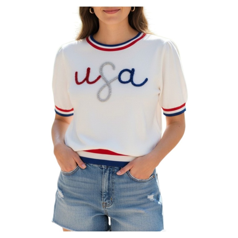NWT Queen of Sparkles SHORT SLEEVE SWEATER TOP White Red Blue USA Patriotic SZ S